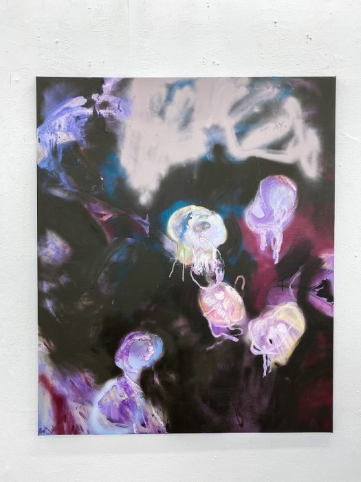 Choi, Janu, Quallen im Dunkeln, Öl und Sprühfarbe auf Leinwand, 80x100cm, 2021