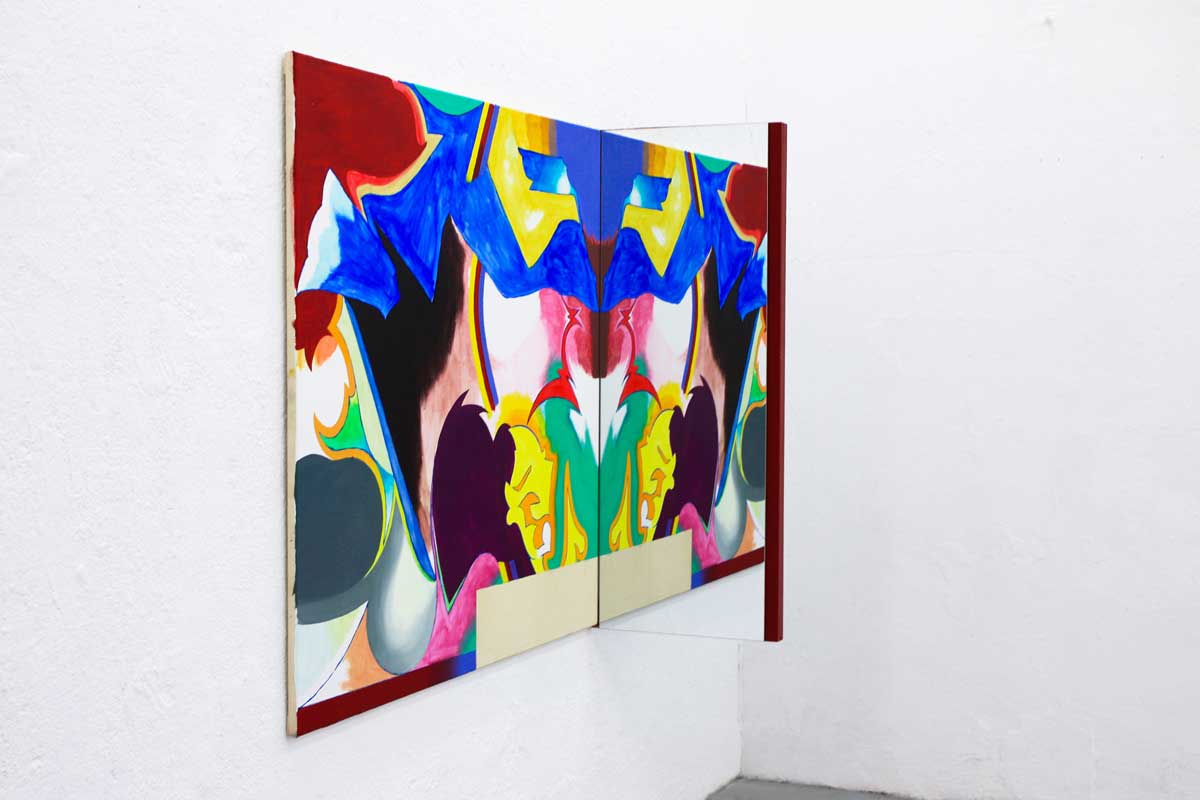 Hiller, Fabian, Narziss 110 x 140 cm Ölfarbe auf Leinwand, Holzplatte, Wandhalterungen, Spiegel, Sprühfarbe