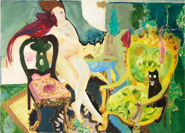 Esser, Elena, Frau mit Katze. 2010 . Öl auf Nessel . 140 x 200 cm